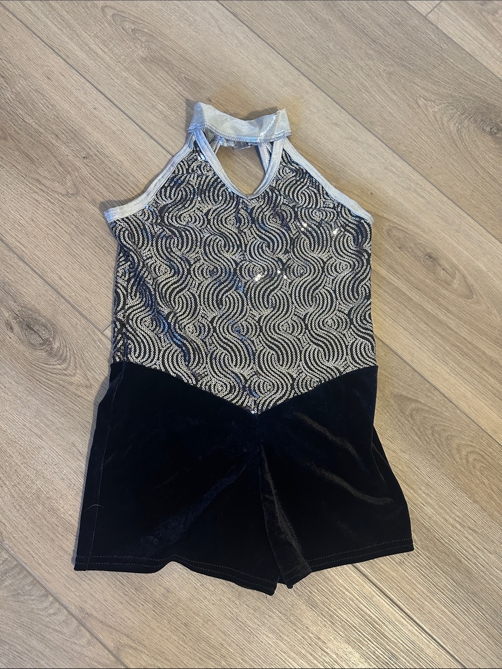 Black velour and silver sequin dance or gymnastic costume. Adult small